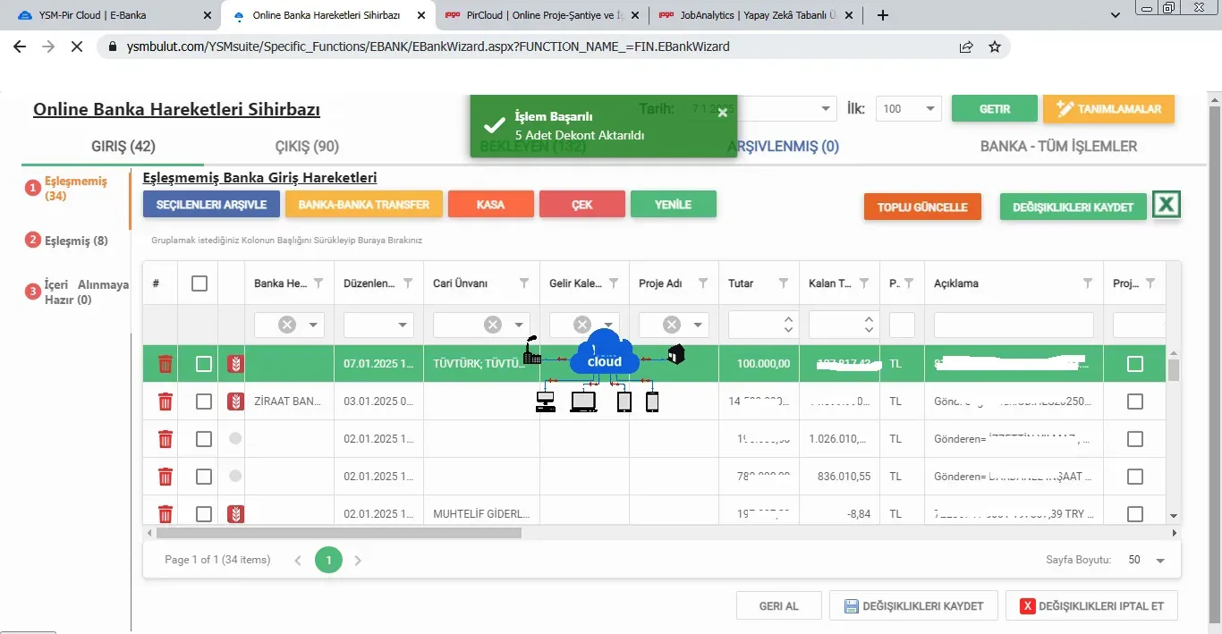 PirCloud içinde Manim Online Banka Hareketleri Sihirbazı ekranı